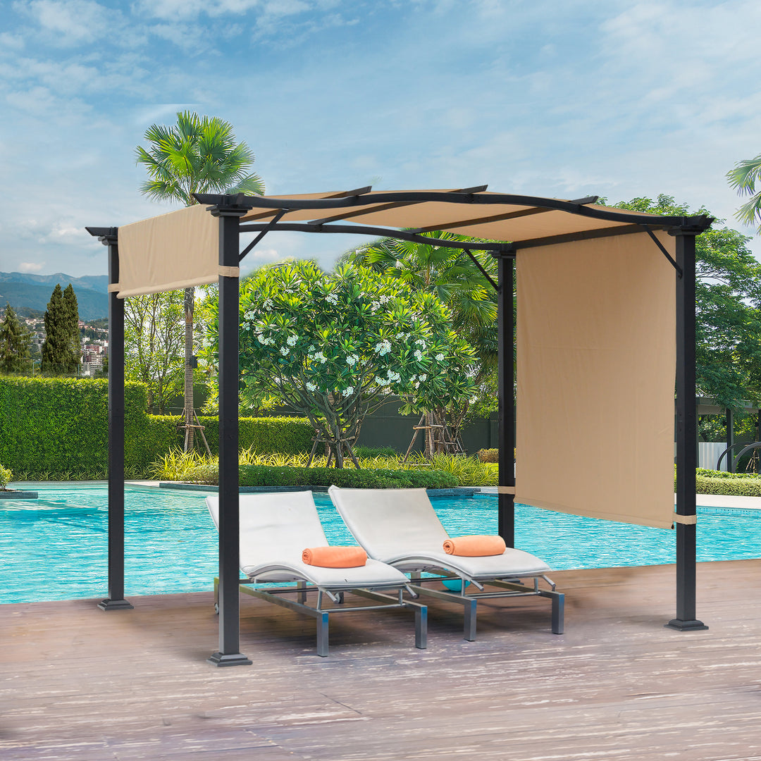 Outsunny Outdoor Retractable Pergola Garden Gazebo with Two Adjustable Side Canopy Overhead Sun Shade Backyard Canopy Cover, Steel Khaki 3x2.45x2.3m