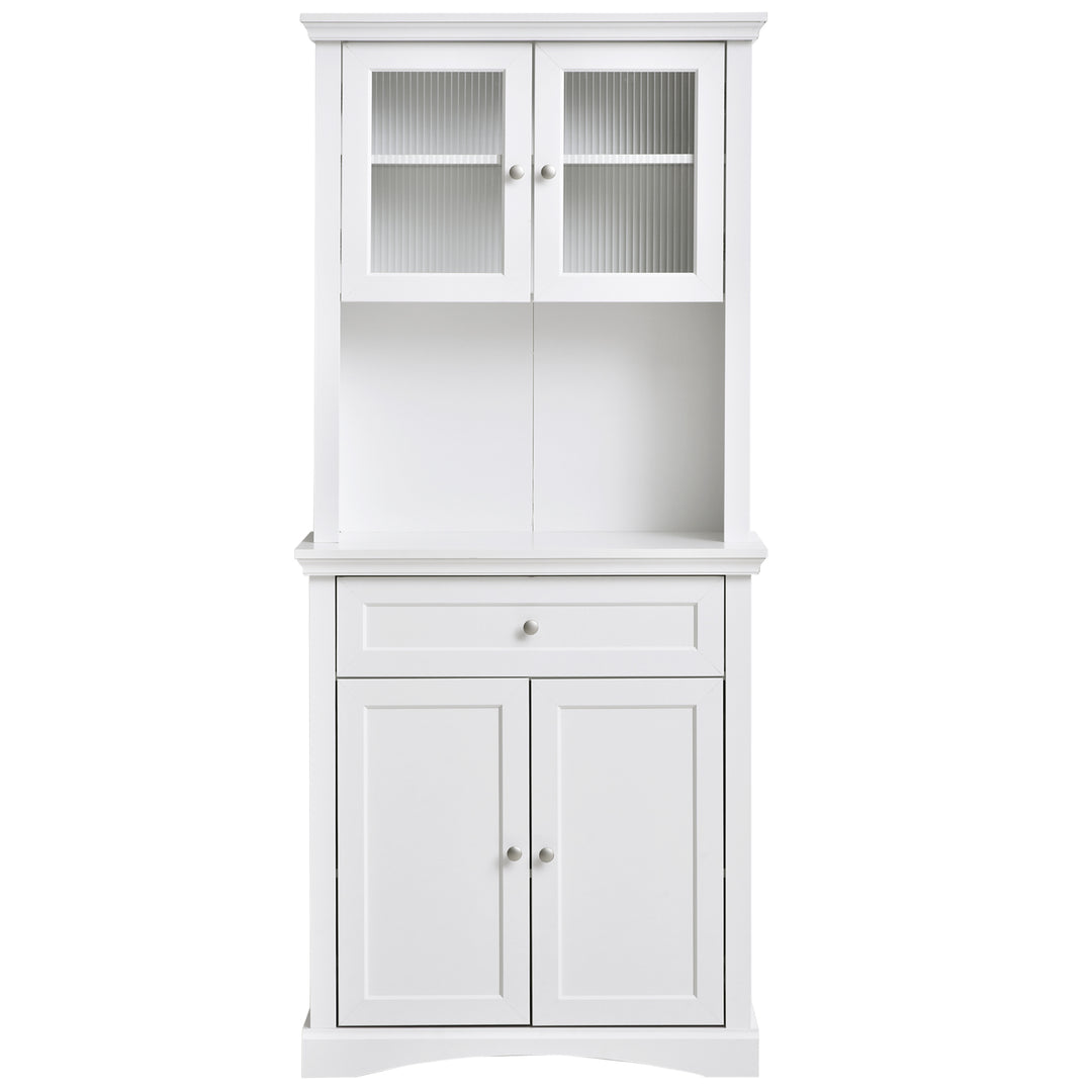 Kitchen Cupboard, Freestanding Storage Cabinet with Glass Doors, Adjustable Shelves, and Open Counter, White