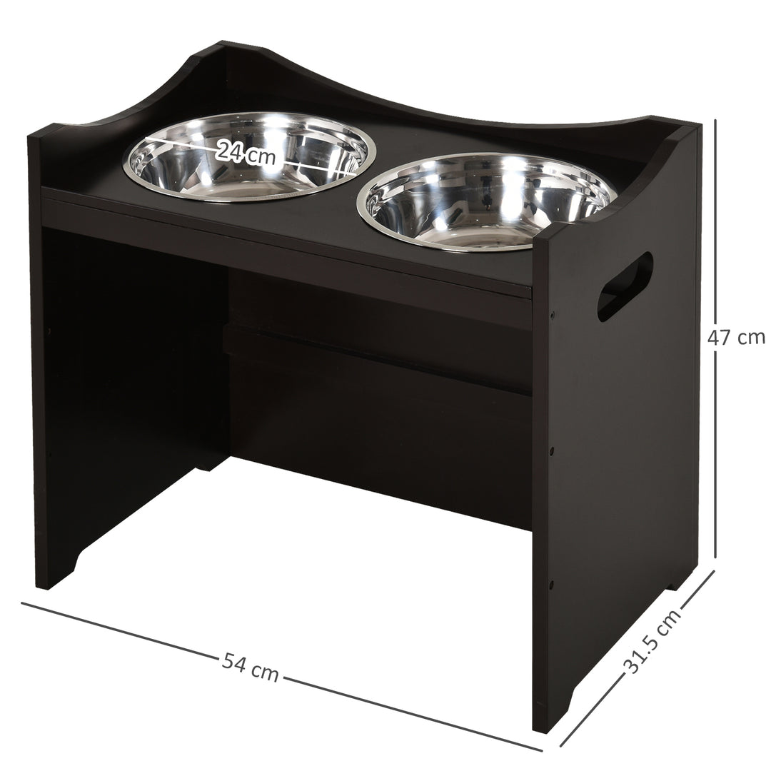 Elevated Duo Pet Feeder w/ 2 Stainless Steel Bowls MDF Frame Adjustable Shelf Handles Raised Dog Cat Food Drink 47x54cm Brown