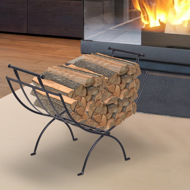 Outsunny Folding Wood Log Holder Fireplace Storage Rack Matte Metal Elevated Indoor Outdoor 45x35cm Black