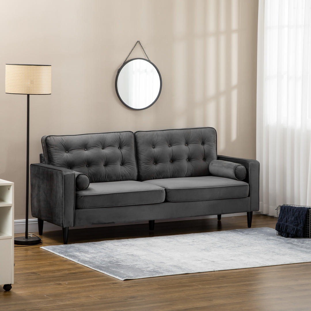 HOMCOM 3-Seater Sofa, 204 cm Sofa Couch with Button-Tufted Back Cushion, 2 Pillows and Rubber Wood Legs for Living Room, Grey