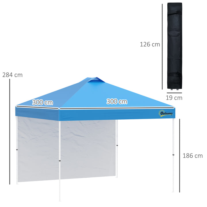 Outsunny 3x(3)M Pop Up Gazebo Tent with 1 Sidewall, Roller Bag, Adjustable Height, Event Shelter Tent for Garden, Patio, Blue