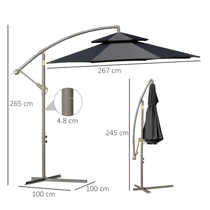 Outsunny 2.7m Banana Parasol Cantilever Umbrella with Crank Handle , Double Tier Canopy and Cross Base for Outdoor, Hanging Sun Shade, Black