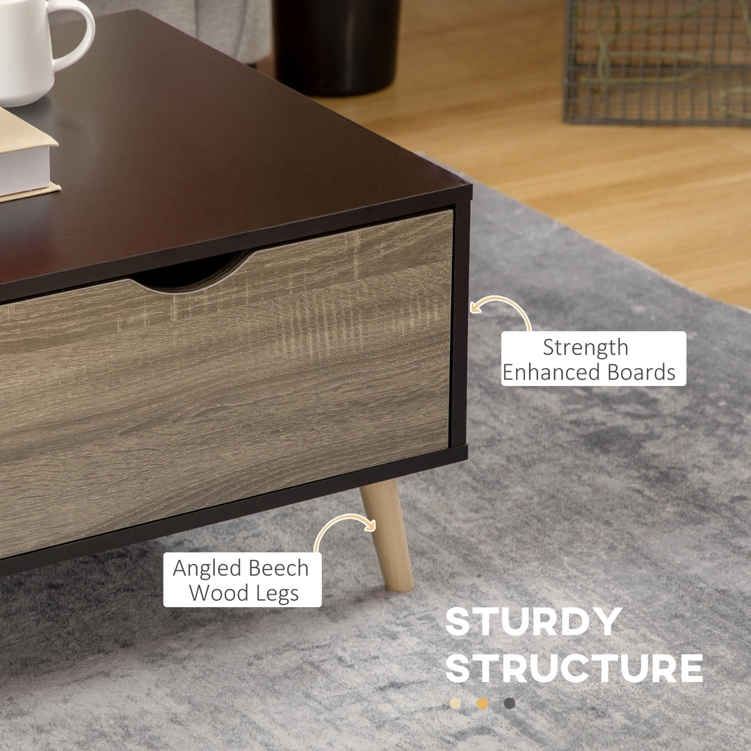 Coffee Table, Modern Tea Table with Open Storage Shelves, Two Drawers and Solid Wood Legs, Coffee Tables for Living Room, Bed Room, Black