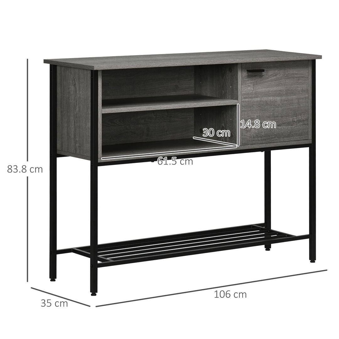 Industrial Console Table, Narrow Hallway Table with Cabinet, Open Compartments and Slatted Shelf for Entryway, Grey