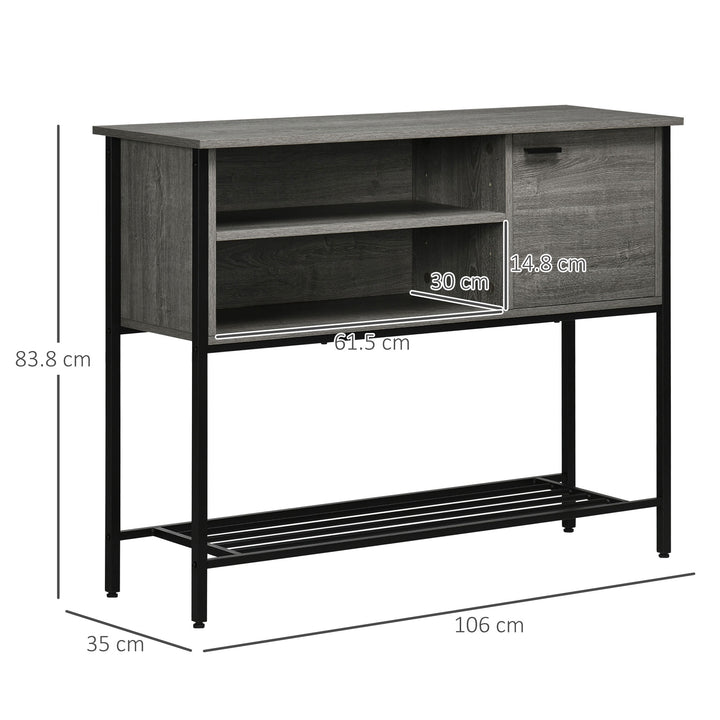 Industrial Console Table, Narrow Hallway Table with Cabinet, Open Compartments and Slatted Shelf for Entryway, Grey