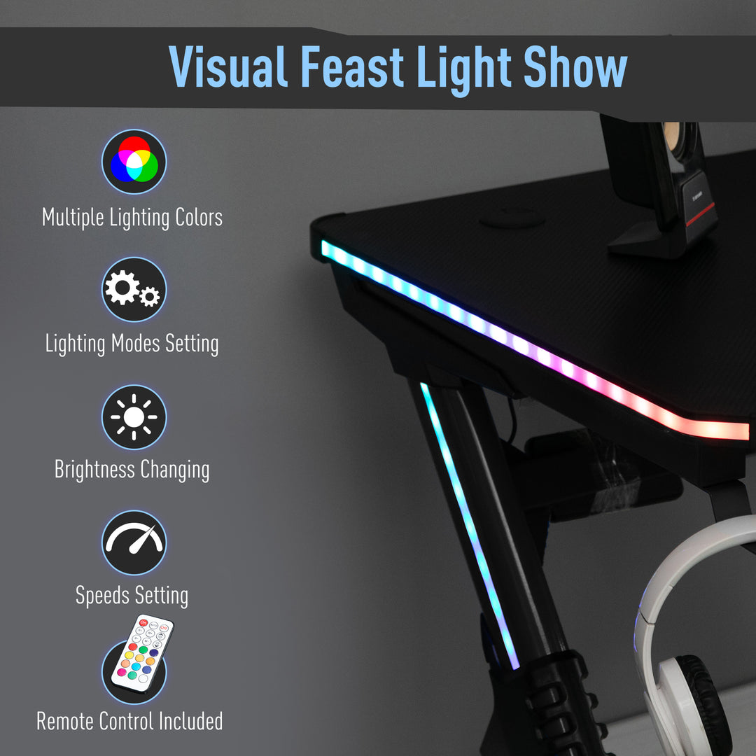 Gaming Desk Gaming Table with RGB LED Lights Racing Style Cup Holder, Cable Management, Black