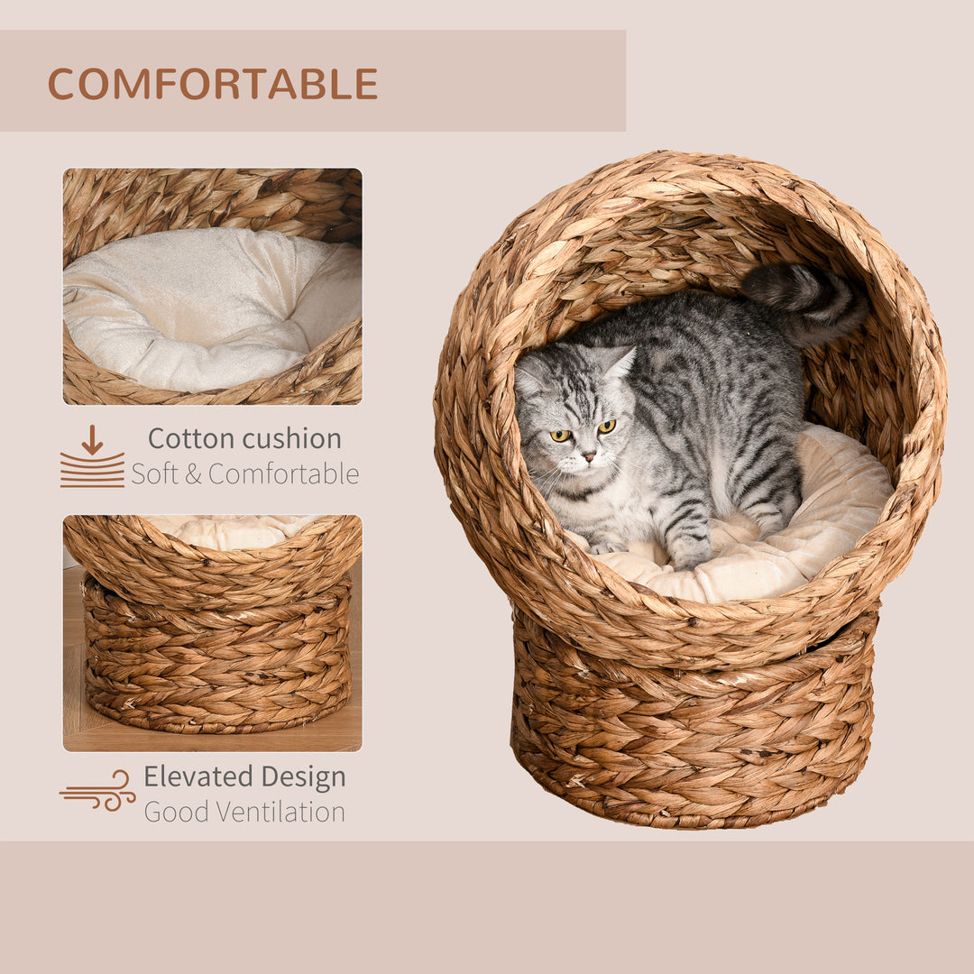 Wicker Cat Bed, Raised Rattan Cat Basket with Cylindrical Base, Soft Washable Cushion, Brown, 42 x 33 x 52 cm