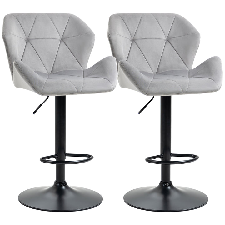 HOMCOM Set Of 2 Bar stools With Backs , Velvet-Touch Barstools w/ Metal Frame Footrest Triangle Indenting Moulded Seat Adjustable Height Swivel Grey