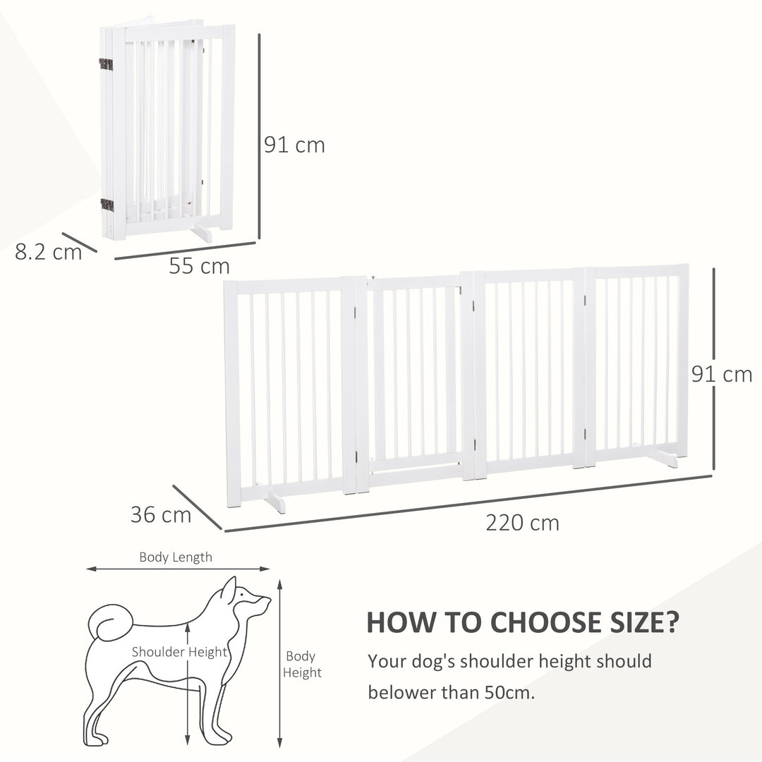 PawHut Wooden Freestanding Pet Gate 4 Panels 91cm Foldable Dog Safety Fence with 2 Support Feet Walk-through Door for Doorway Stairs White