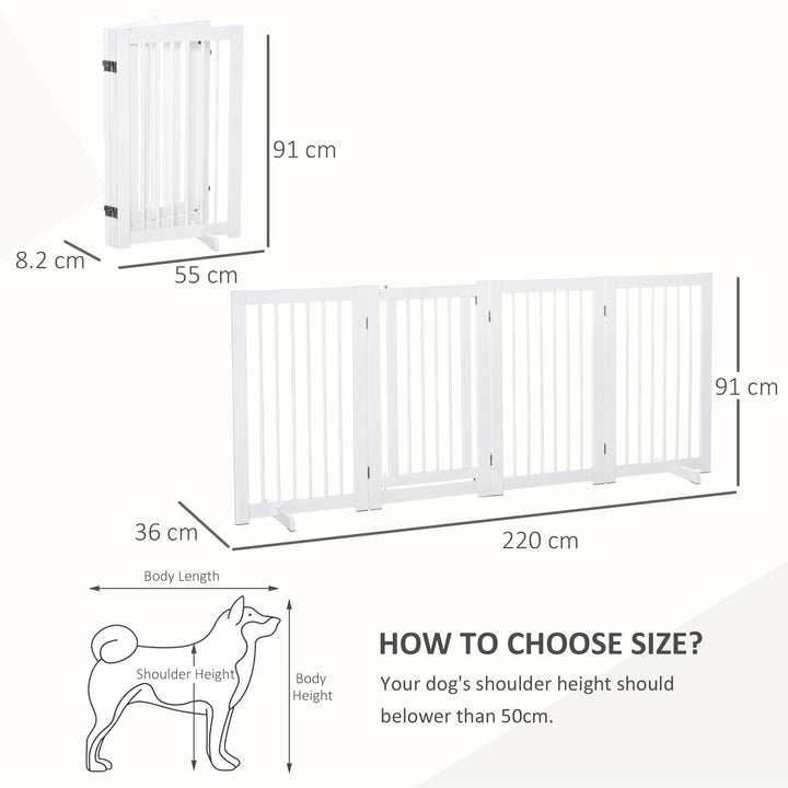 PawHut Wooden Freestanding Pet Gate 4 Panels 91cm Foldable Dog Safety Fence with 2 Support Feet Walk-through Door for Doorway Stairs White