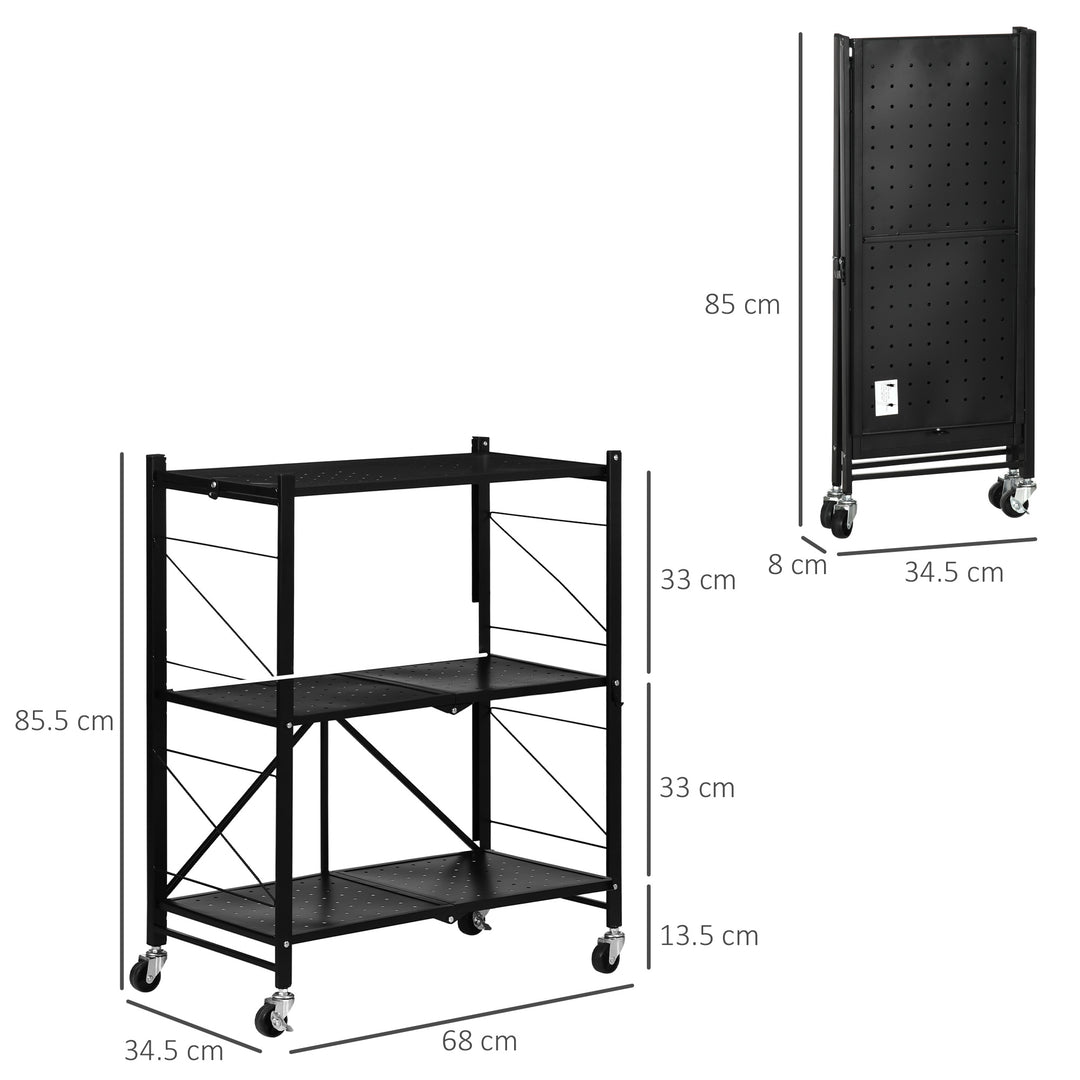 3-Tier Storage Trolley Cart, Foldable Rolling Cart for Kitchen, Living Room and Bathroom, 68 x 34.5 x 85.5 cm, Black