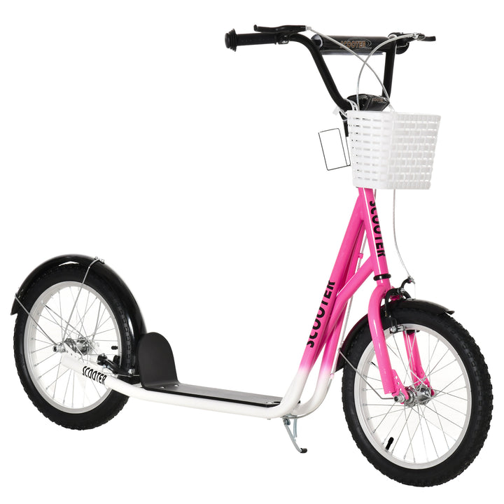 Kids Kick Scooter Teen Ride On Children Scooter with Adjustable Handlebar 2 Brakes Basket Cupholder Mudguard 16" Inflatable Rubber Tyres Pink