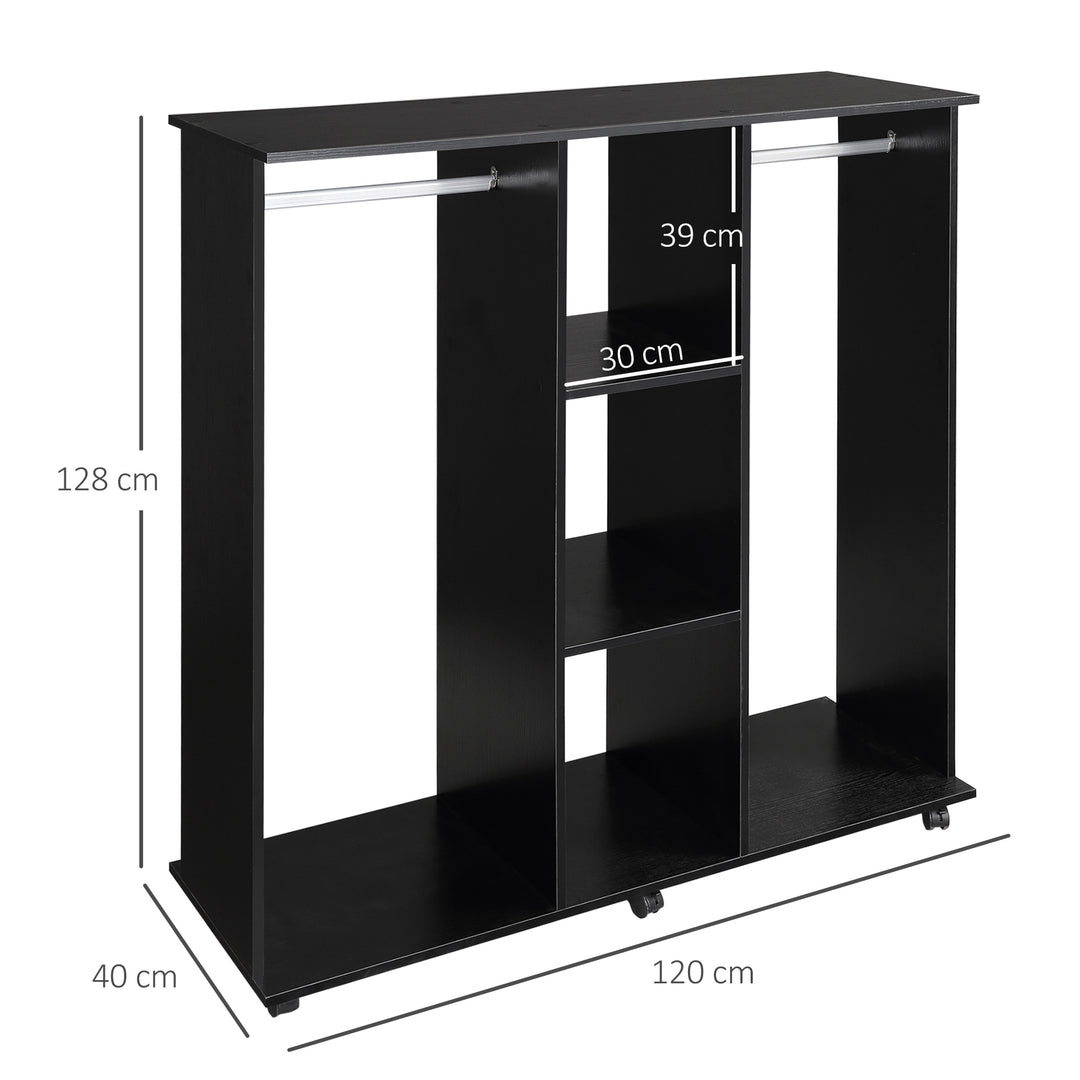 Double Mobile Open Wardrobe With Clothes Hanging Rails Storage Shelves Organizer Bedroom Furniture - Black