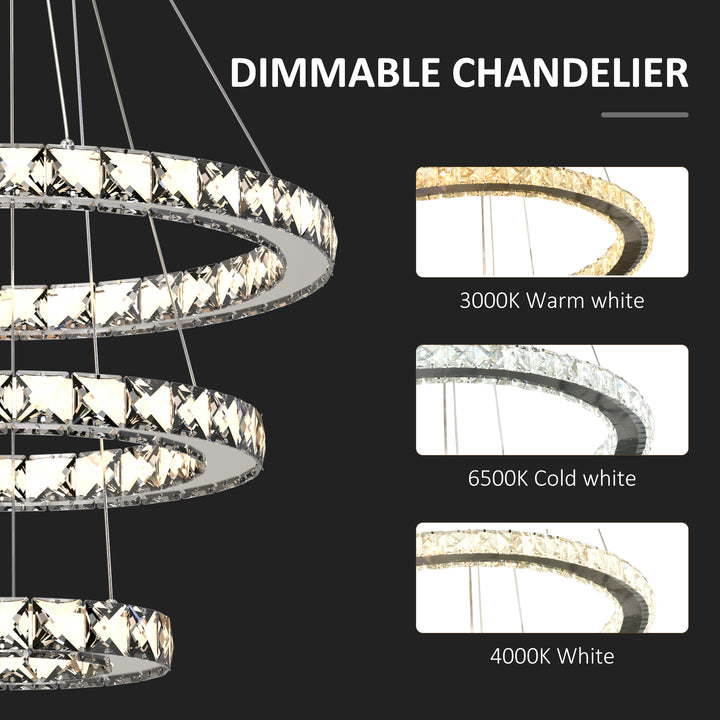 Modern LED Chandelier with 3 Crystal Rings, Dimmable Pendent Ceiling Light Cool Warm White with Adjustable Cable Remote Controller, Silver