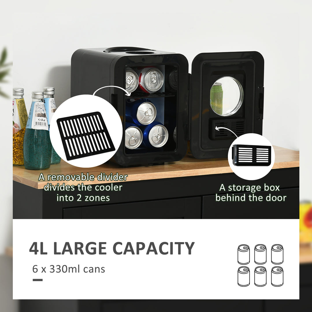 4 L/6 Can Mini Fridge, AC+DC Portable Cooler &amp; Warmer for Skincare, Makeup, Cosmetics, Food, for Bedroom, Home, Caravan, Car, Black
