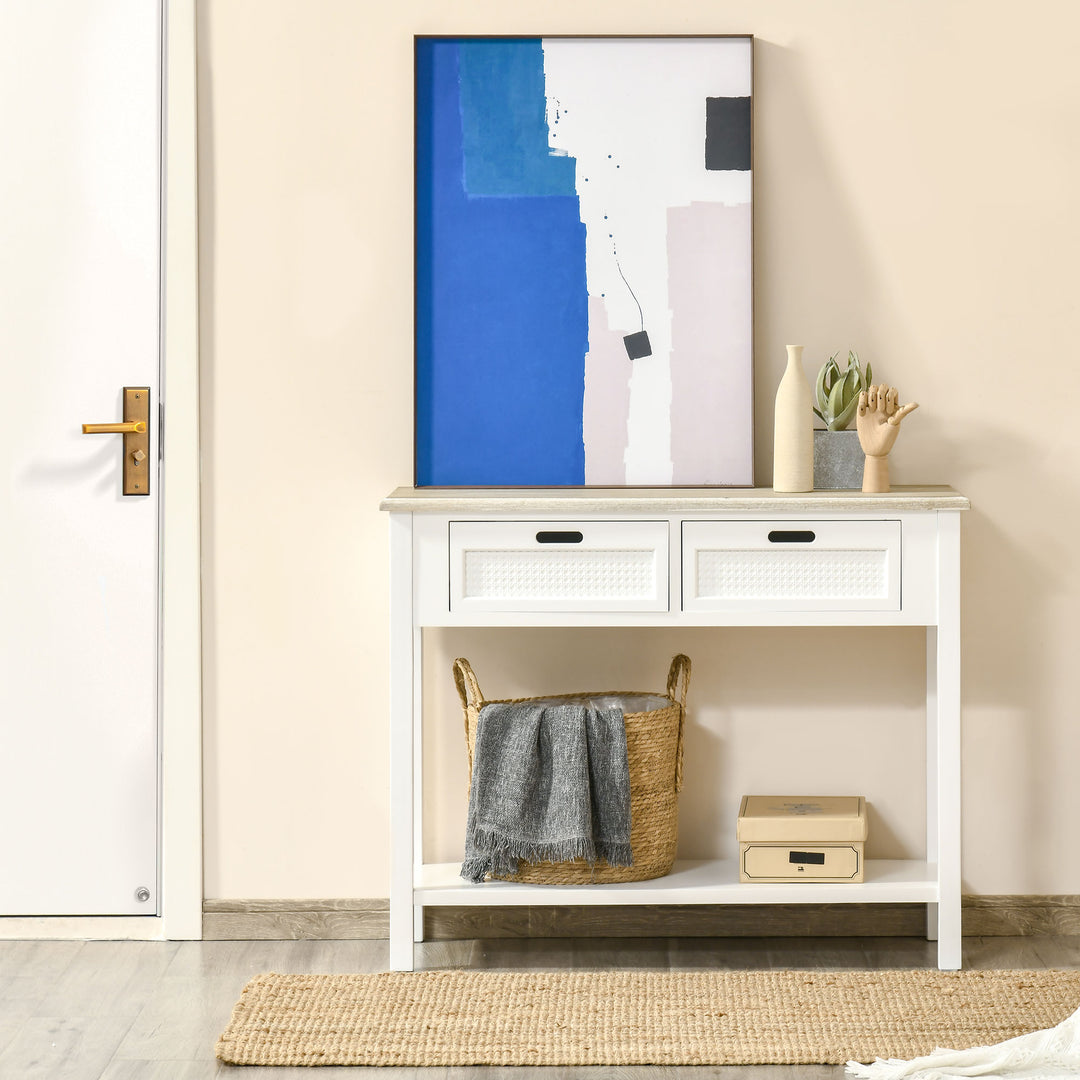 Console Table with 2 Drawers and Storage Shelf, Vintage Distressed Sofa Table for Hallway, Living Room, Bedroom, White