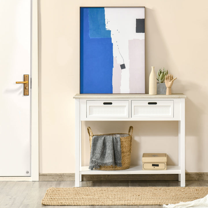 Console Table with 2 Drawers and Storage Shelf, Vintage Distressed Sofa Table for Hallway, Living Room, Bedroom, White