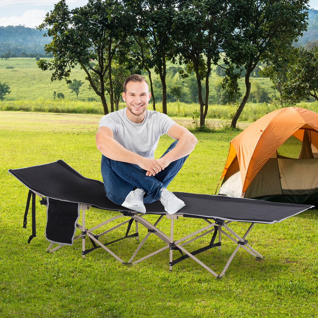 Single Person Camping Folding Cot Outdoor Patio Portable Military Sleeping Bed Travel Guest Leisure Fishing with Side Pocket, Black