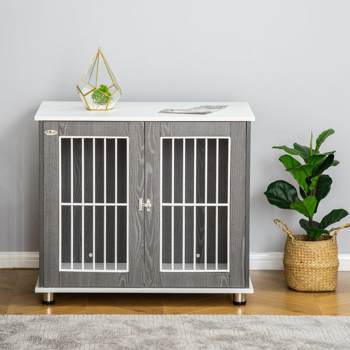 PawHut Dog Crate, Wooden Pet Kennel Cage with Lockable Door and Adjustable Foot Pads, Modern Design, Grey and White