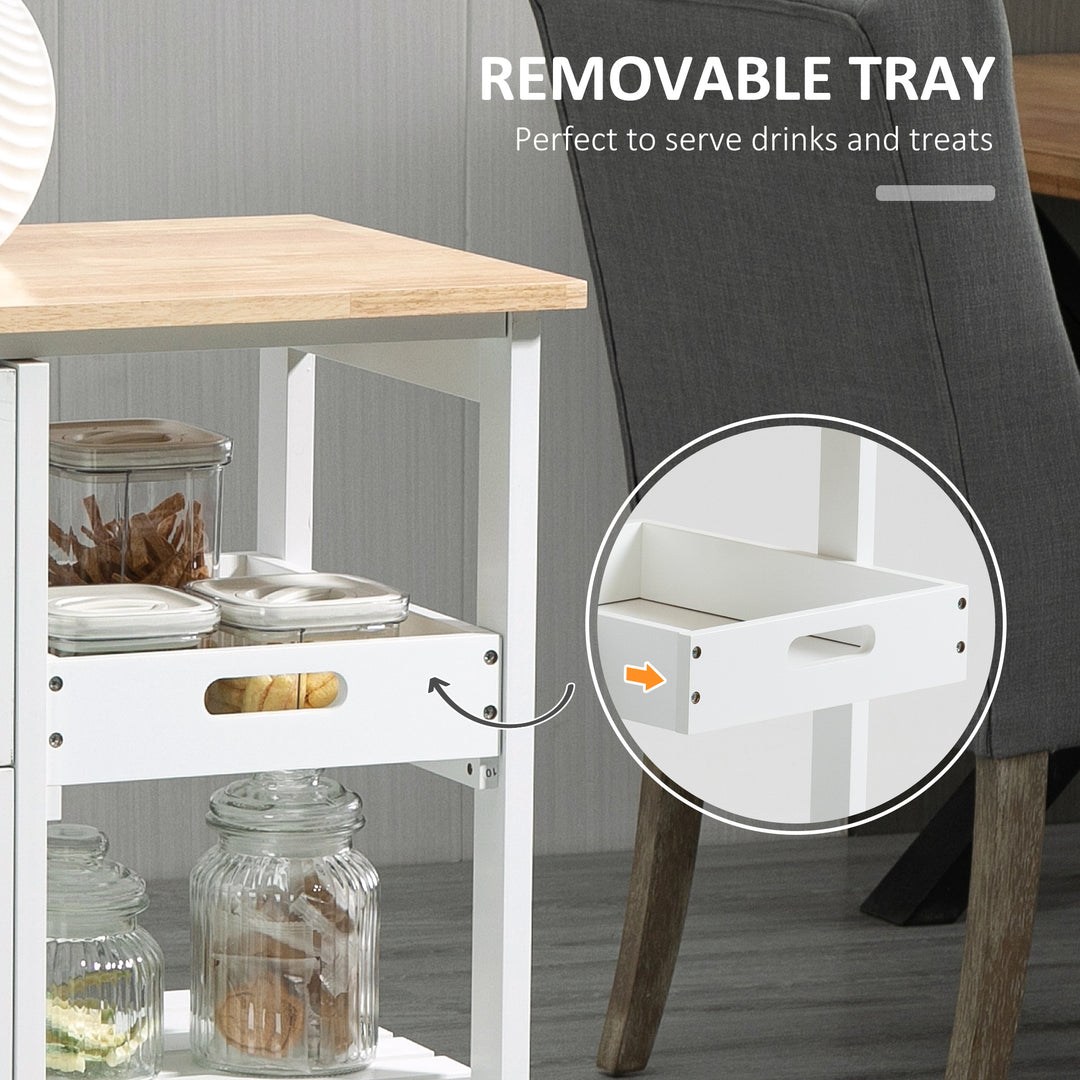 Rolling Kitchen Island Cart, Bar Serving Cart, Compact Trolley on Wheels with Wood Top, Shelves &amp; Drawers for Home Dining Area, White
