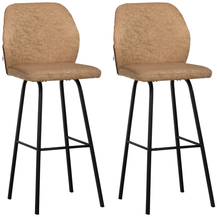 Bar Stools Set of 2, Linen-Touch Upholstered Bar Chairs, Kitchen Stools with Backs and Steel Legs, Light Brown