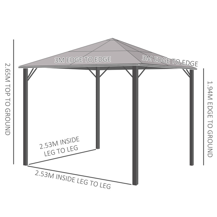 3 x 3(m) Garden Aluminium Gazebo Hardtop Roof Canopy Marquee Party Tent Patio Outdoor Shelter with Mesh Curtains & Side Walls - Grey