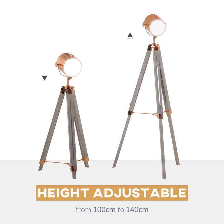 Industrial Tripod Floor Lamp, Nautical Searchlight with Adjustable Height, Wood Legs, E12 Lamp Base for Living, Bedroom, Grey and Rose Gold