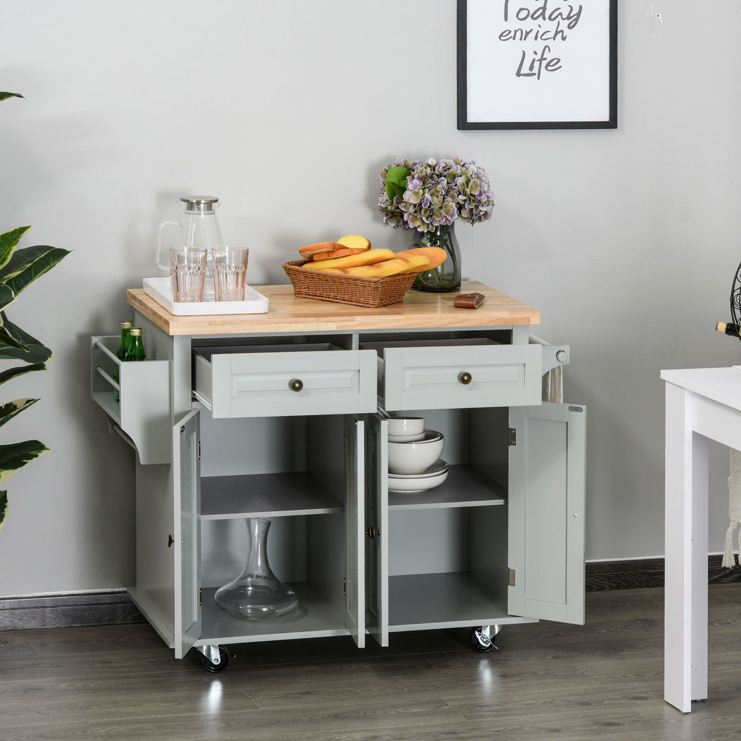 Rolling Kitchen Island Storage Trolley with Rubber Wood Top & Drawers for Dining Room, Grey