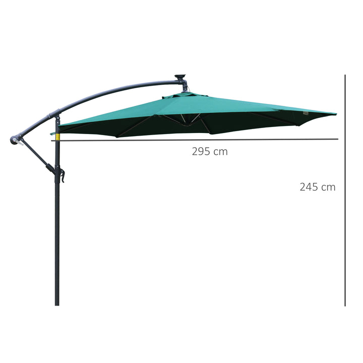 Outsunny 3m LED Cantilever Patio Banana Parasol w/ Crank Cross Base Hanging Offset Umbrella Frame Steel Aluminium Garden Table Outdoor Green