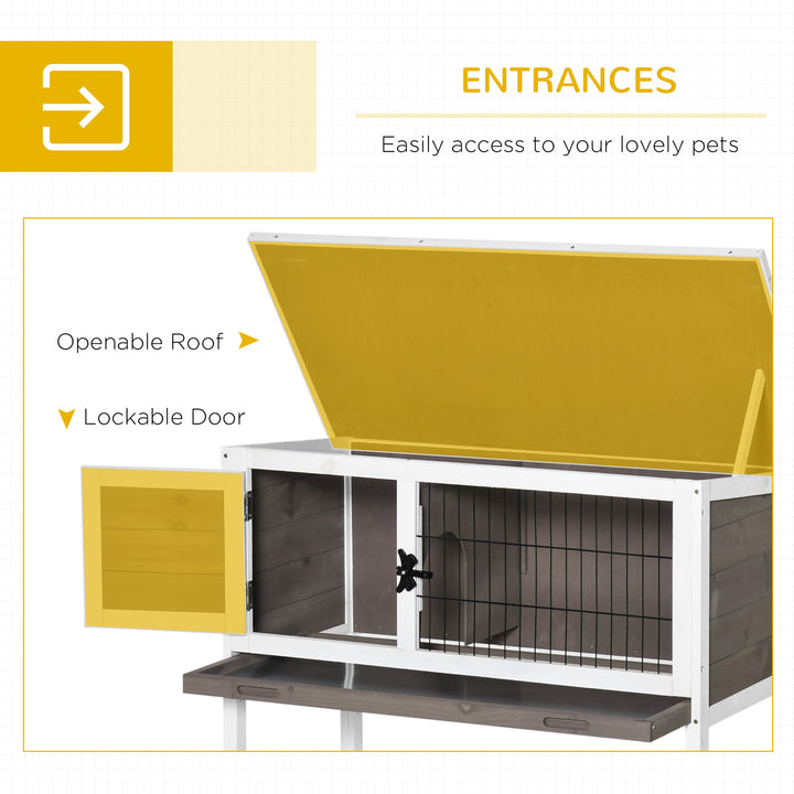 PawHut Elevated Wooden Rabbit Hutch, Indoor/Outdoor Bunny Cage with Hinged Asphalt Roof and Removable Tray for Guinea Pig, Brown