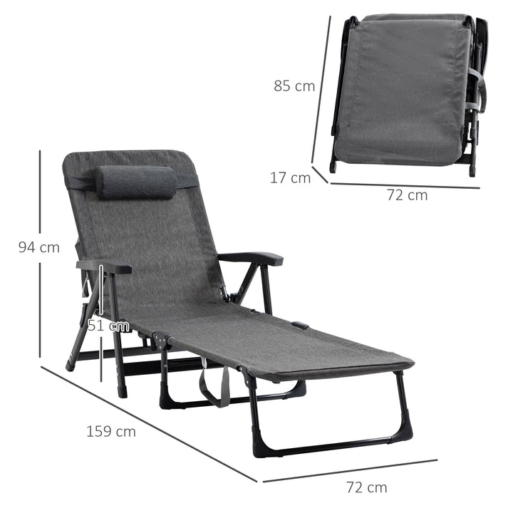 Outsunny Garden Lounger, Mesh Fabric Lounge Chair, 7-Reclining Position Sleeping Bed w/ Pillow &amp; Cup Holder or Poolside, 94H x 72W x 159D, Dark Grey