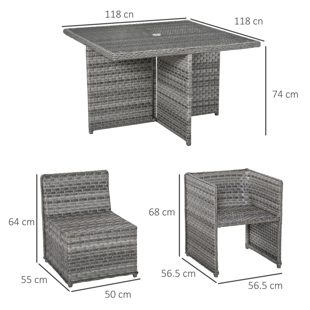 Outsunny Patio 8-Seater Rattan Dining Table Chair Set Garden Wicker Cube Sofa Furniture w/ Umbrella Hole Table for Indoor &amp; Outdoor Mixed Grey