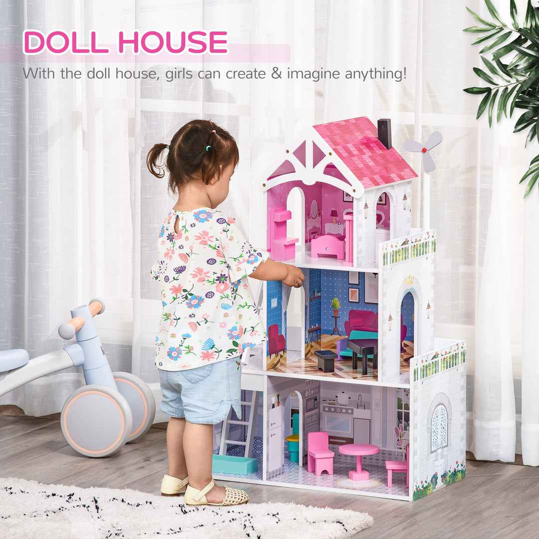 Kids Dollhouse Dreamhouse Villa for Toddler Girls Multi-level House for Children with Furniture Accessories Kit Pink