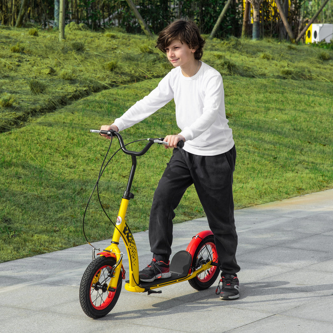 Kids Kick Scooter, w/ Adjustable Height, Front Rear Dual Brakes, 12 Inch Inflatable Rubber Wheels, for Ages 5+ Years - Yellow