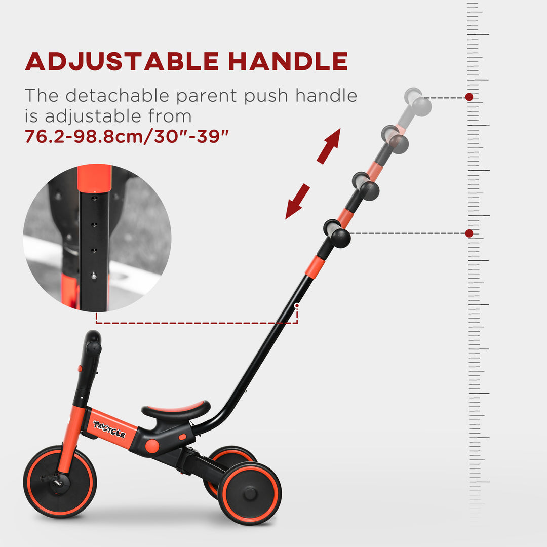 4-in-1 Tricycle for Kids, Baby Trike with Adjustable Push Handle, 18-60 Months, Red