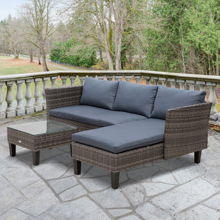 4-Seater Garden Sofa PE Rattan Set w/ 2 Seats Square Glass Top Coffee Table Thick Cushions Solid Legs Metal Frame Patio L Corner Shape, Grey