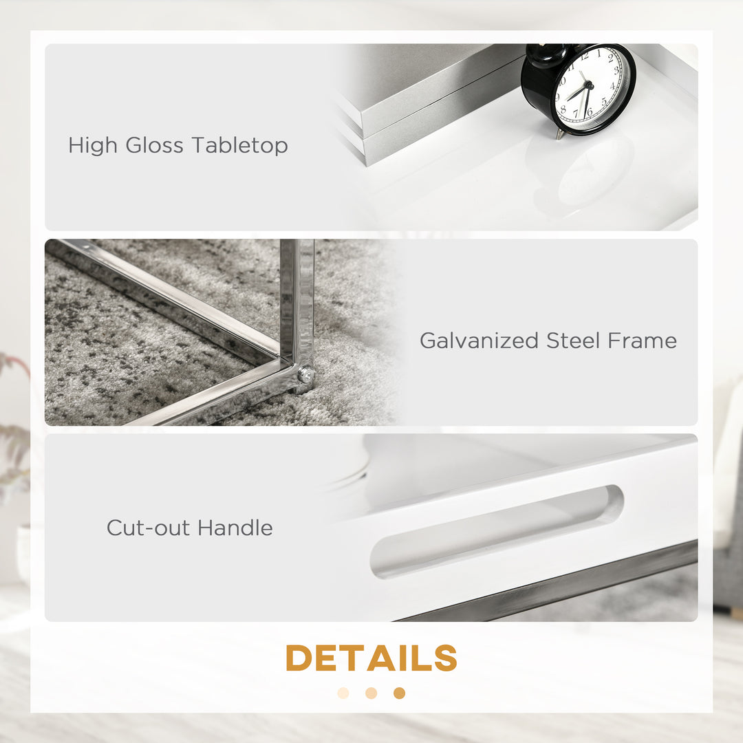 Coffee Table Set of 3, Modern Nest of Tables with Steel Frame and High Gloss Effect for Living Room, White