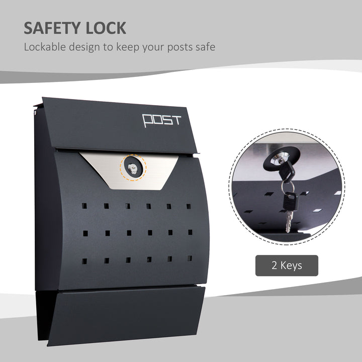 Steel Wall Mounted Mail Box Post Letter Lockable with Waterproof  Lid -  Black