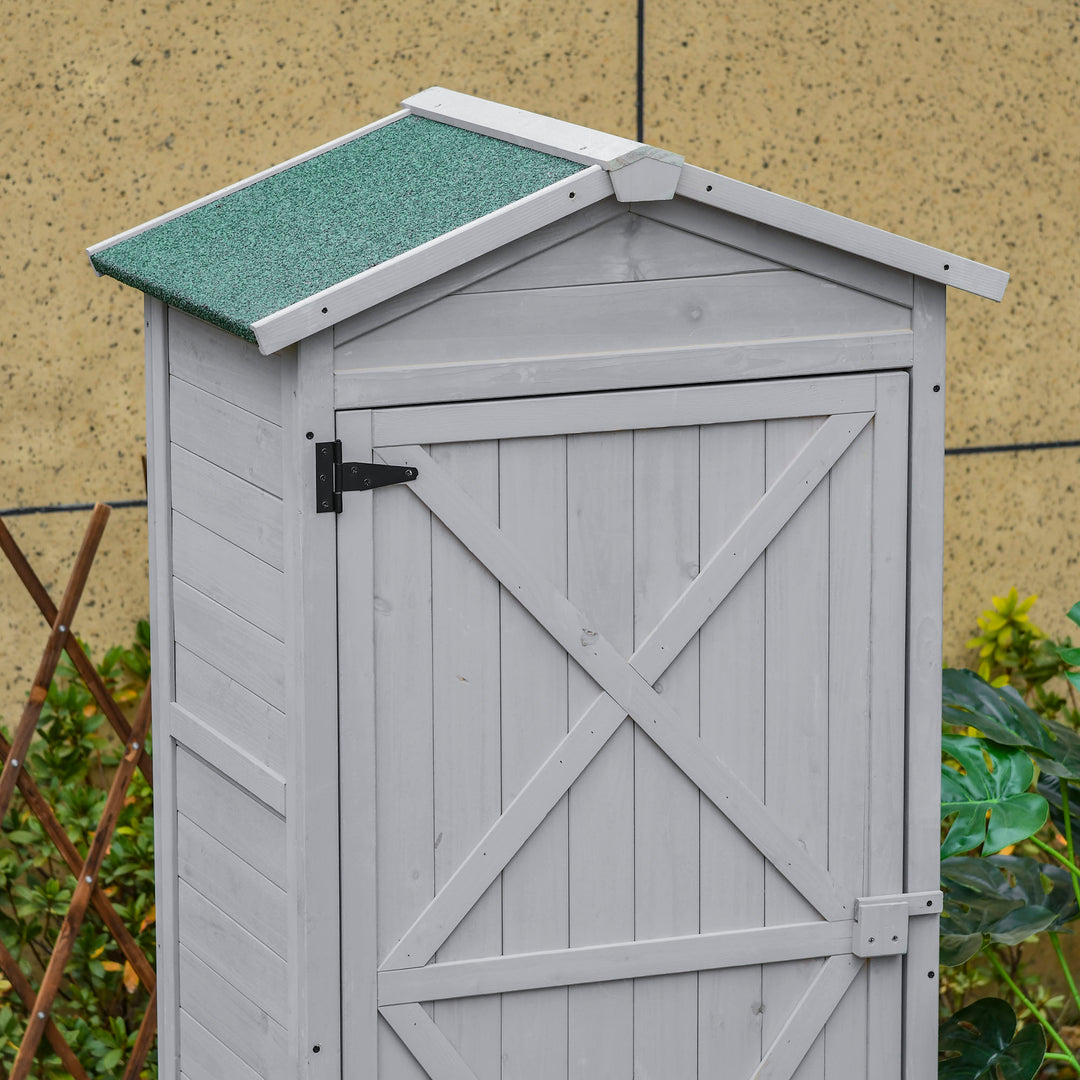Wooden Garden Cabinet 3-Tier Storage Shed 2 Shelves Lockable Organizer with Hooks Foot Pad 74 x 55 x 155cm Light Grey
