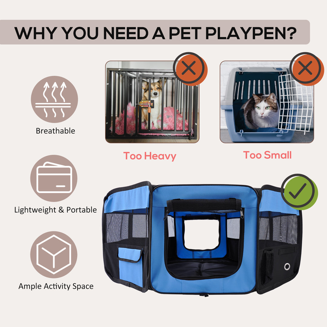 PawHut Fabric Pet Playpen, 8-Panel Mesh Puppy Dog Pen, Foldable Portable Rabbit Run, for Cat Pig Guinea, Dia 90 x 41H cm, for Outdoor Use, Blue