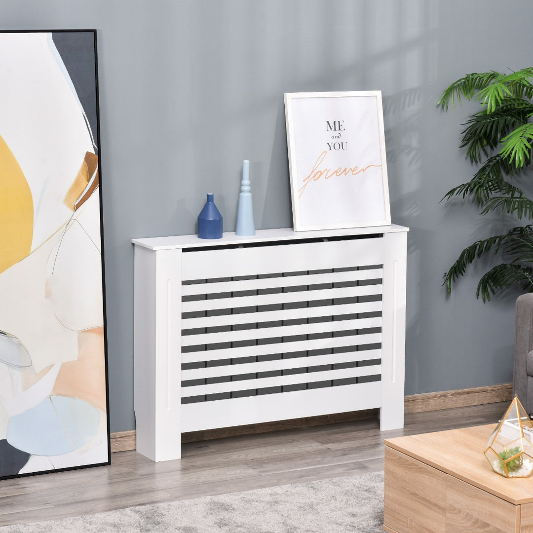 MDF Modern Radiator Cover Cabinet Top Shelving Home Office Slatted Design White 112L x 19W x 81H cm