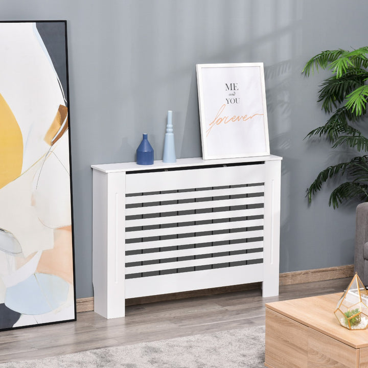 MDF Modern Radiator Cover Cabinet Top Shelving Home Office Slatted Design White 112L x 19W x 81H cm