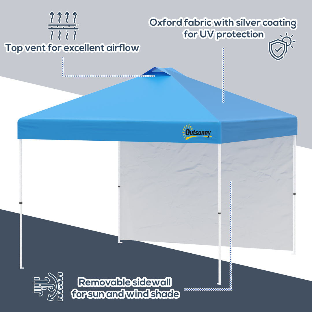 Outsunny 3x(3)M Pop Up Gazebo Tent with 1 Sidewall, Roller Bag, Adjustable Height, Event Shelter Tent for Garden, Patio, Blue