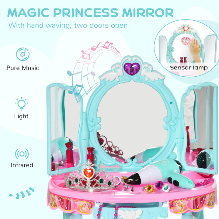 32 PCS Kids Vanity Dressing Table Play Set, Beauty Kit Pretend Toy w/ Magic Glamour Princess Mirror Hair Dryer Make Up Desk Stool, Blue+Pink