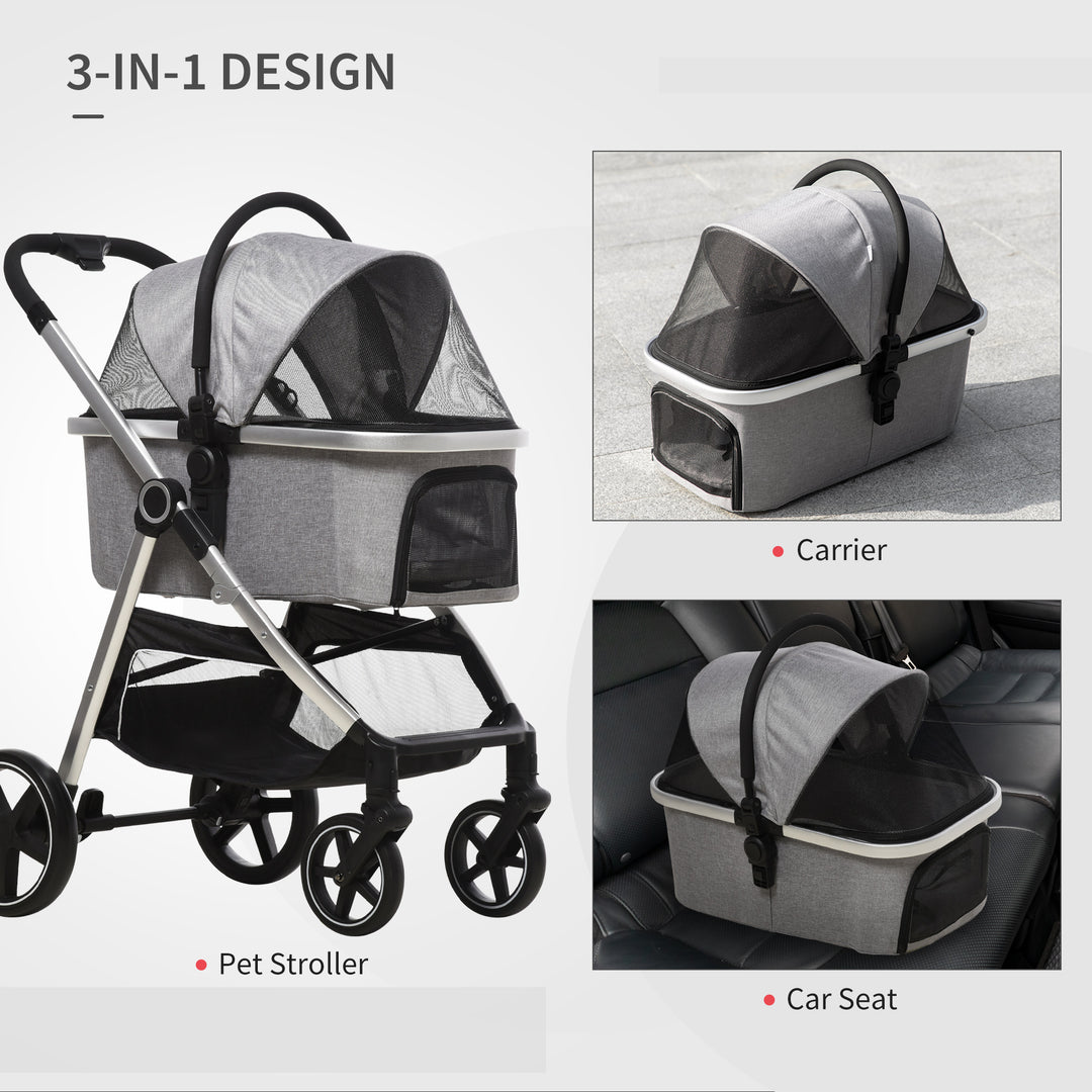 3-In-1 One Click Foldable Pet Stroller Detachable Dog Cat Travel Pushchair Car Seat with EVA Wheels Basket Safety Leash Cushion Light Grey