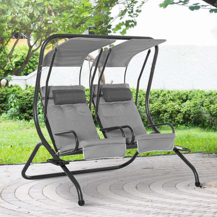 Outsunny Double Seat Swing Chair Modern Garden Swing w/ 2 Separate Relax Chairs, Handrails, Headrests and Removable Canopy, Grey