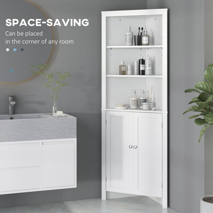 Triangle Bathroom Cabinet, Corner Bathroom Storage Unit with Cupboard and 3-Tier Shelves, Free Standing, White