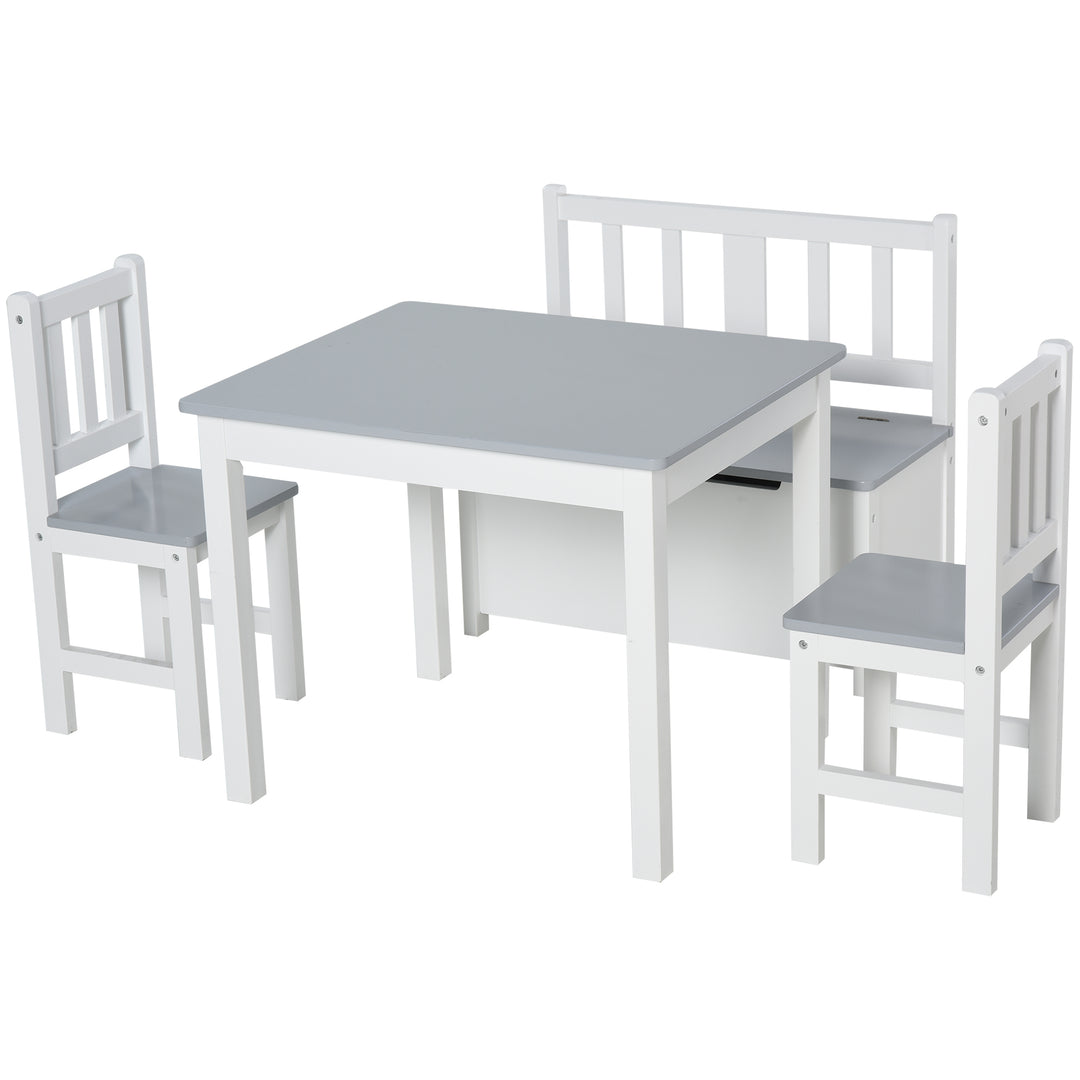 HOMCOM 4-Piece Kids Table Set with 2 Wooden Chairs, 1 Storage Bench, and Interesting Modern Design, Grey/White