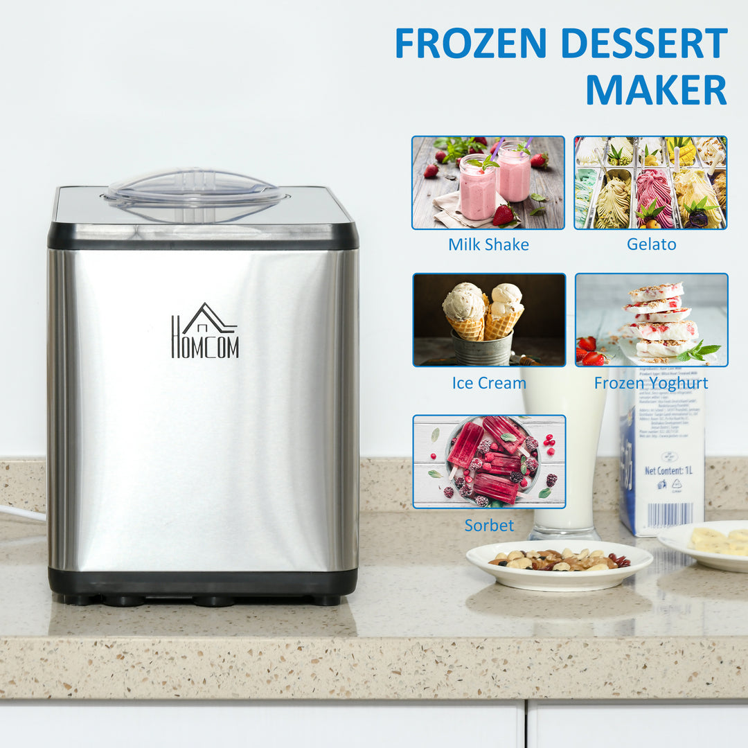 HOMCOM Ice Cream Maker Machine, 1.5L Stainless Steel Gelato, Sorbet, Milkshake, Frozen Yoghurt Maker with Detachable Mixing Paddle LED Display